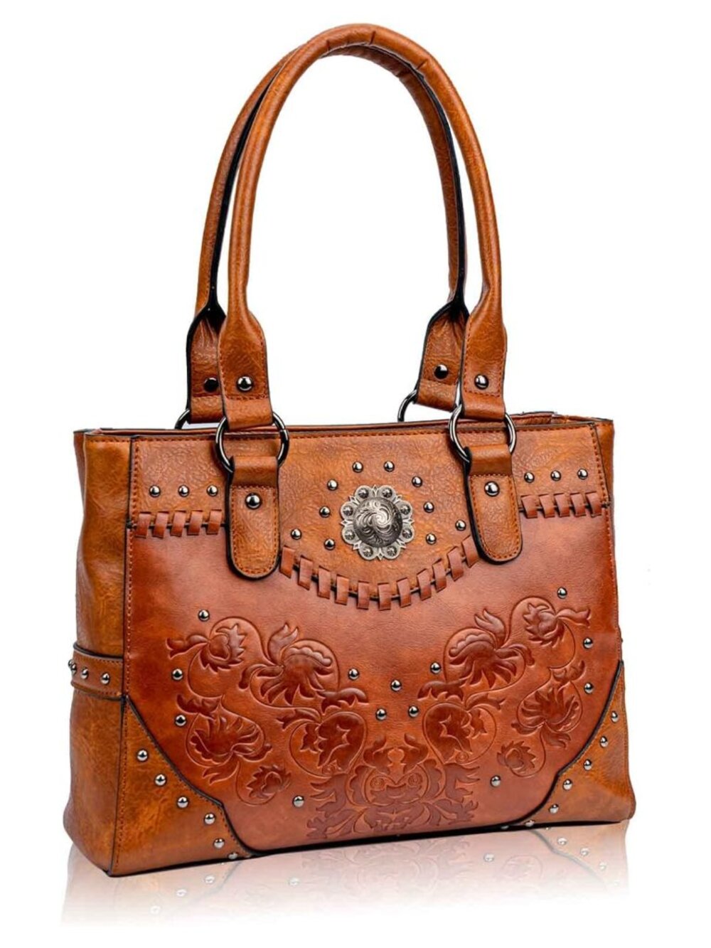 Women's Large PU Leather Tote Bag Vintage Embossed Floral Satchel
